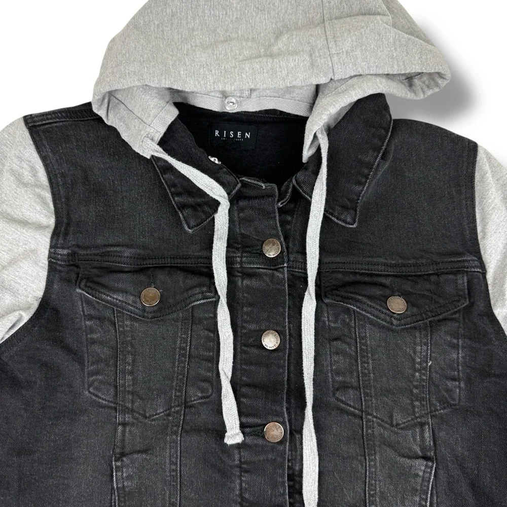 Risen Layered Denim Jacket Removable Hood Womens 2XL Black Distressed Gray Terry